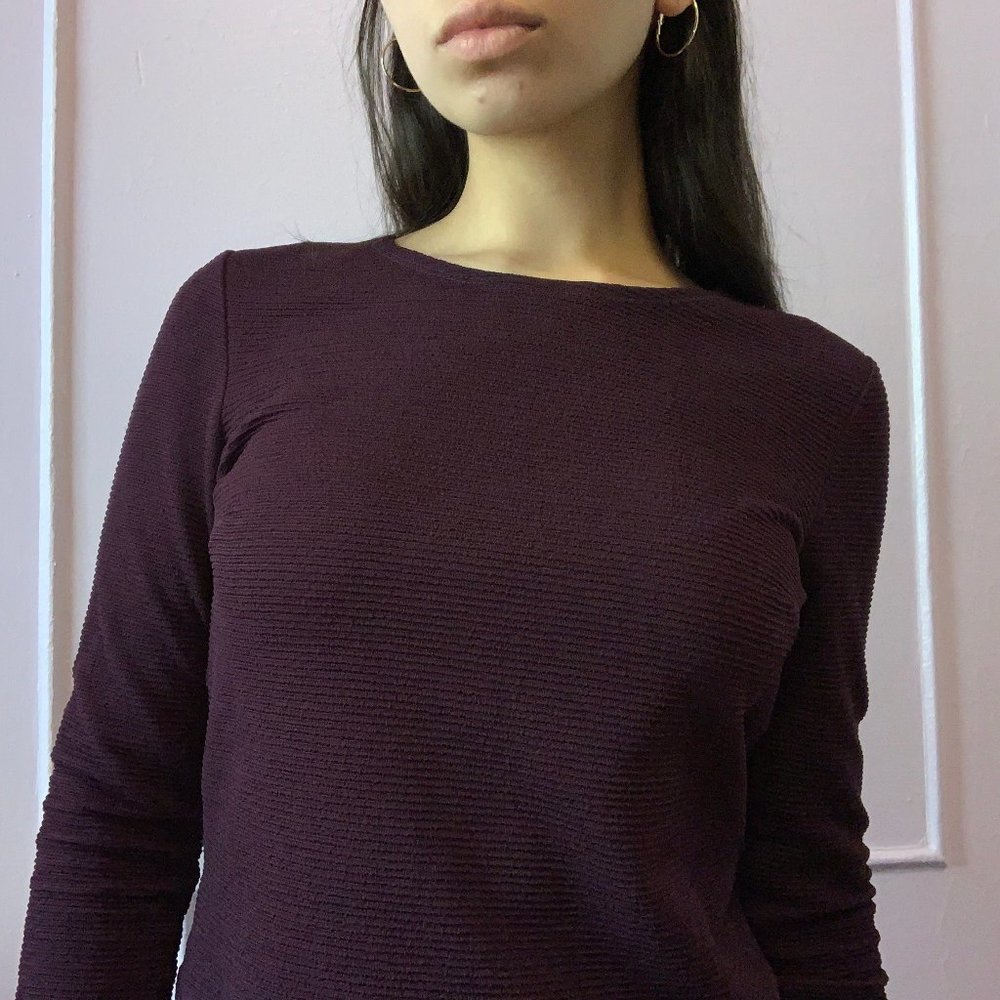 Ribbed Wine Long Sleeve T-Shirt w/ Zipper